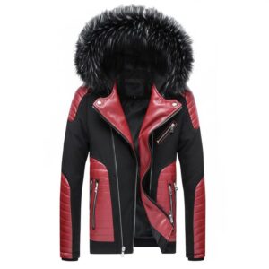 Black Biker Detachable Hood Faux Fur Red Quilted Design Rider Parka Warm Leather Jacket