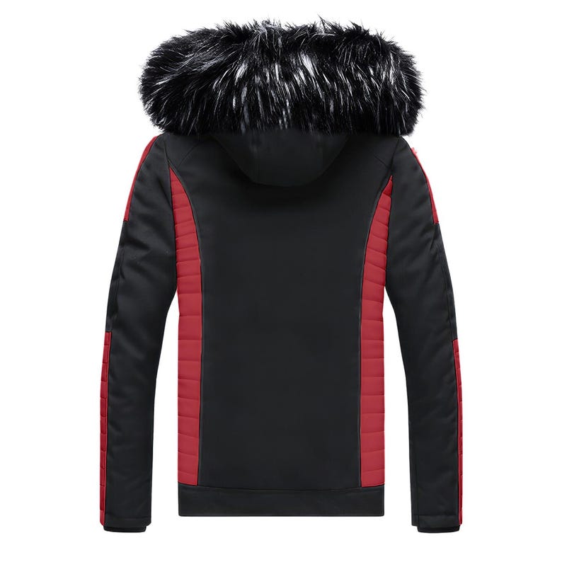 Black Biker Detachable Hood Faux Fur Red Quilted Design Rider Parka Warm Leather Jacket - Image 2