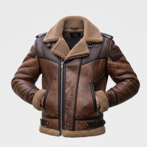"Men's Sheepskin Leather Aviator Jacket: Distressed Brown, Sherpa Collar"