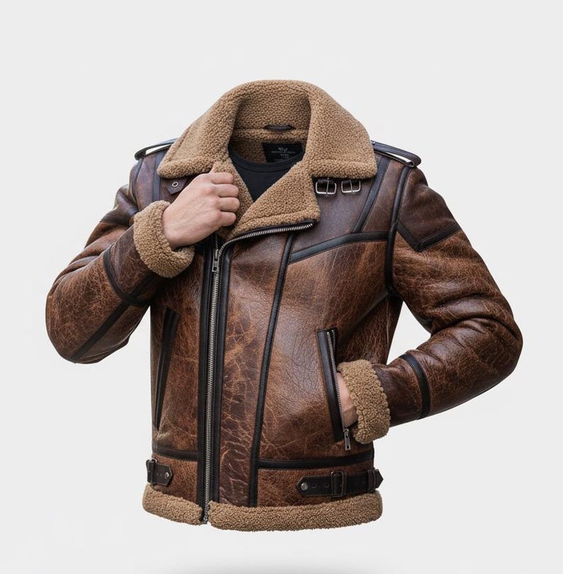"Men's Sheepskin Leather Aviator Jacket: Distressed Brown, Sherpa Collar" - Image 2