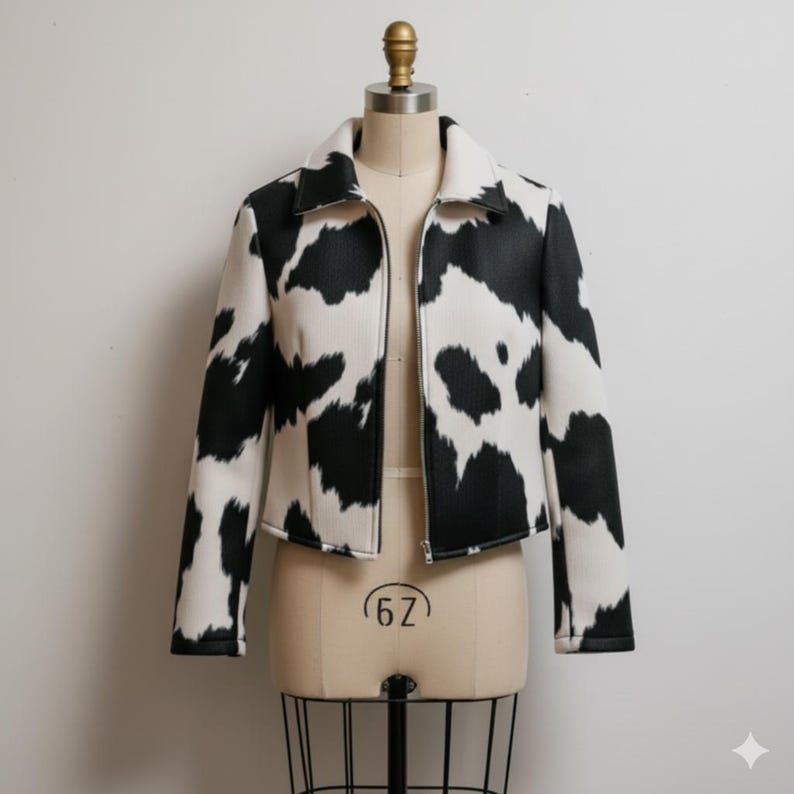 "Handmade Cow Print Jacket for Women – Western Biker Coat, Y2K Fashion" - Image 3
