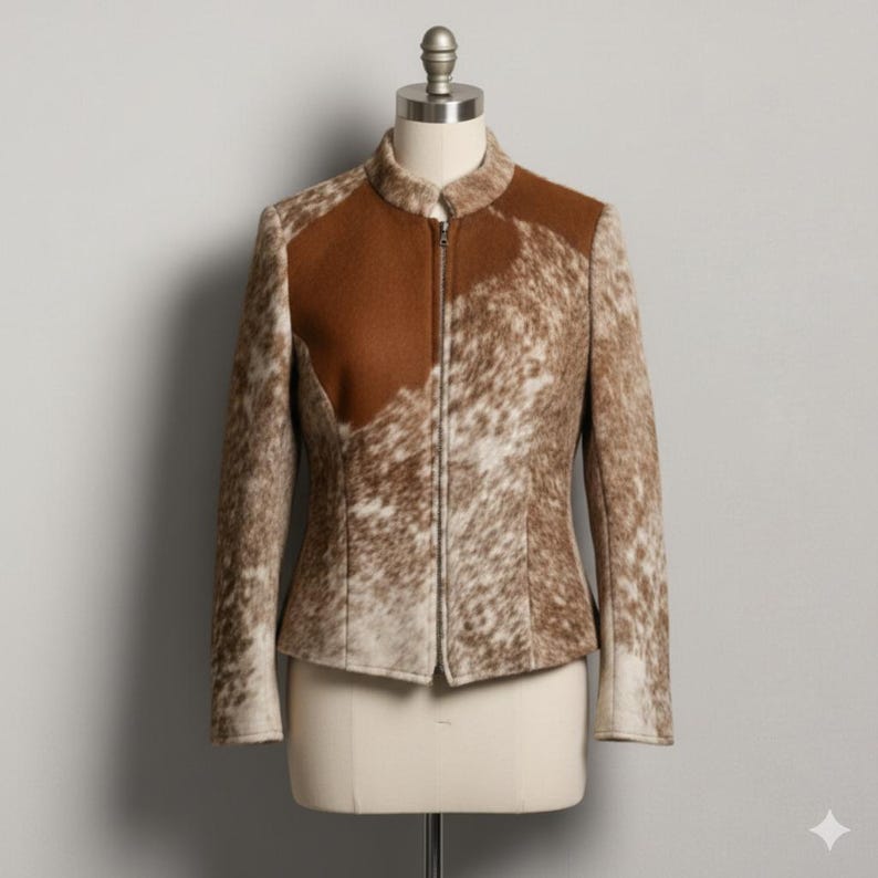 "Unique Cowhide Print Jacket, Brown Suede Western Coat for Women" - Image 2