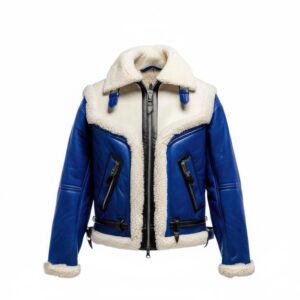 Women's Genuine Sheepskin Leather Aviator Jacket: Blue & White Sherpa Lined