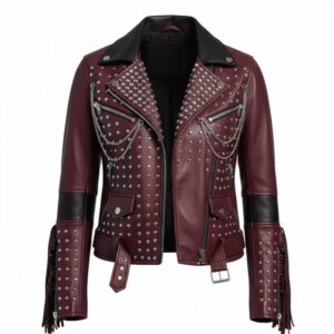 Burgundy Studded Leather Biker Jacket | Fringe & Chain Moto Style