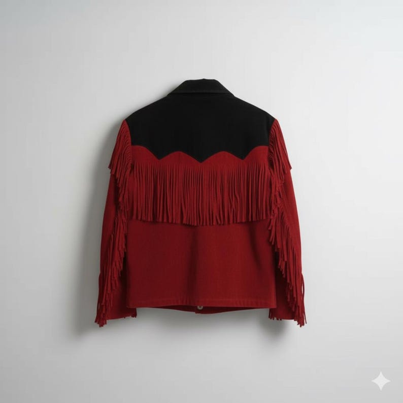 Handcrafted Red Suede Fringe Jacket – Western Cowboy Coat with Native Inspired Beading - Image 2
