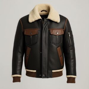 "Men's Genuine Leather Aviator Jacket – Black & Brown, Faux Shearling Collar"