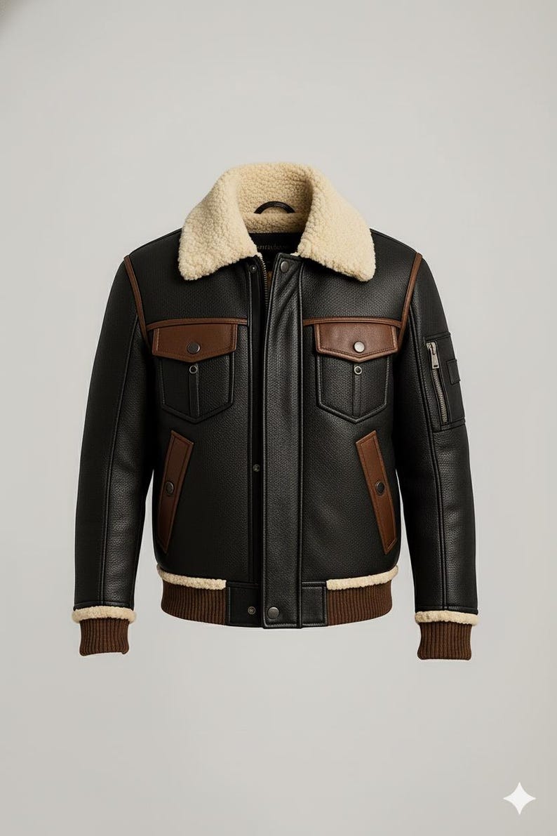 "Men's Genuine Leather Aviator Jacket – Black & Brown, Faux Shearling Collar"