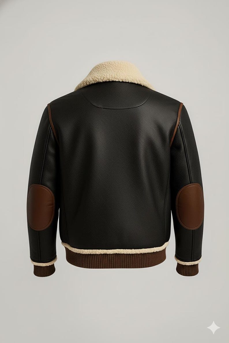 "Men's Genuine Leather Aviator Jacket – Black & Brown, Faux Shearling Collar" - Image 2