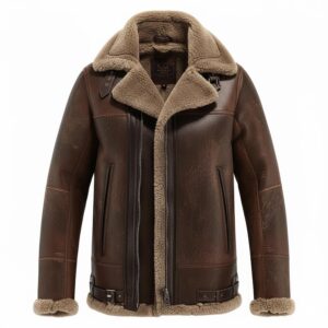 Men’s Brown Sherpa Shearling Faux Fur Collar Elegant Pilot Button-Up Mid-Length Flight Leather Jacket