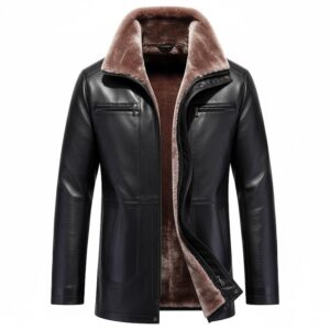 "Men’s Black Sheepskin Leather Jacket, Sherpa Faux Fur Lined"