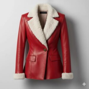 "Handmade Red Leather Jacket – Women's Shearling Coat, Winter Fashion Gift"