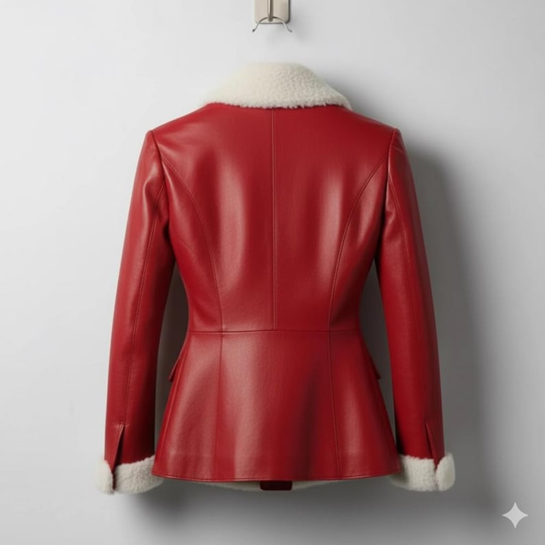 "Handmade Red Leather Jacket – Women's Shearling Coat, Winter Fashion Gift" - Image 2