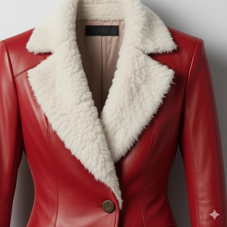 "Handmade Red Leather Jacket – Women's Shearling Coat, Winter Fashion Gift" - Image 3