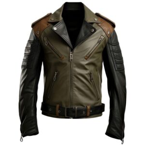 Men’s Olive Green Lapel  Leather jacket