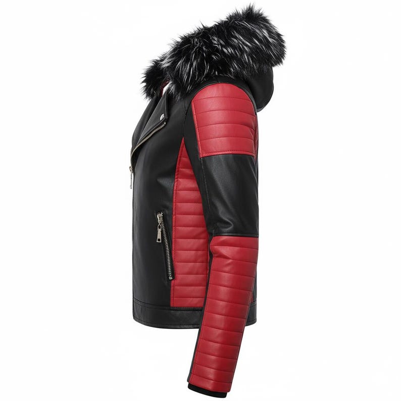 Black Biker Detachable Hood Faux Fur Red Quilted Design Rider Parka Warm Leather Jacket - Image 3