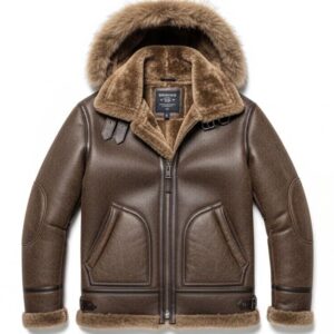 Men's Brown Shearling Leather Aviator Jacket with Fur Hood