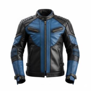 Men’s Black Blue Motorcycle Leather Jacket