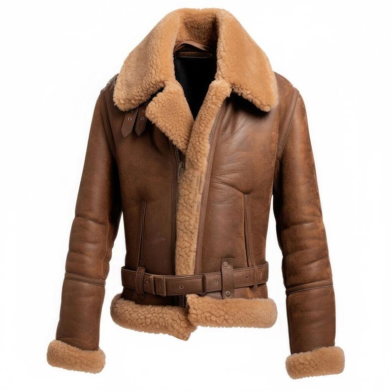 Brown Shearling Aviator Jacket | Vintage Pilot Leather Coat | Winter Warm Fur Lined Biker Jacket
