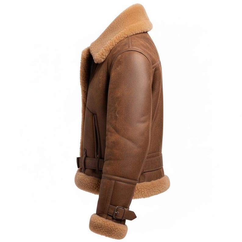 Brown Shearling Aviator Jacket | Vintage Pilot Leather Coat | Winter Warm Fur Lined Biker Jacket - Image 3