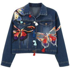 Embroidered Butterfly Denim Jacket | Tassel Boho Jean Jacket