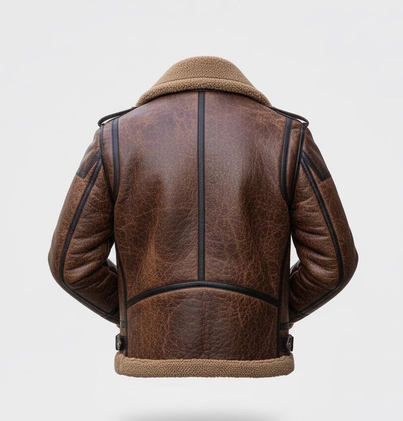 "Men's Sheepskin Leather Aviator Jacket: Distressed Brown, Sherpa Collar" - Image 3