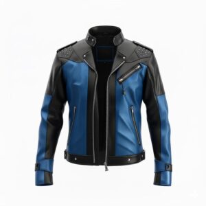 Men’s Black & Blue Studded Sheepskin Leather Biker Jacket