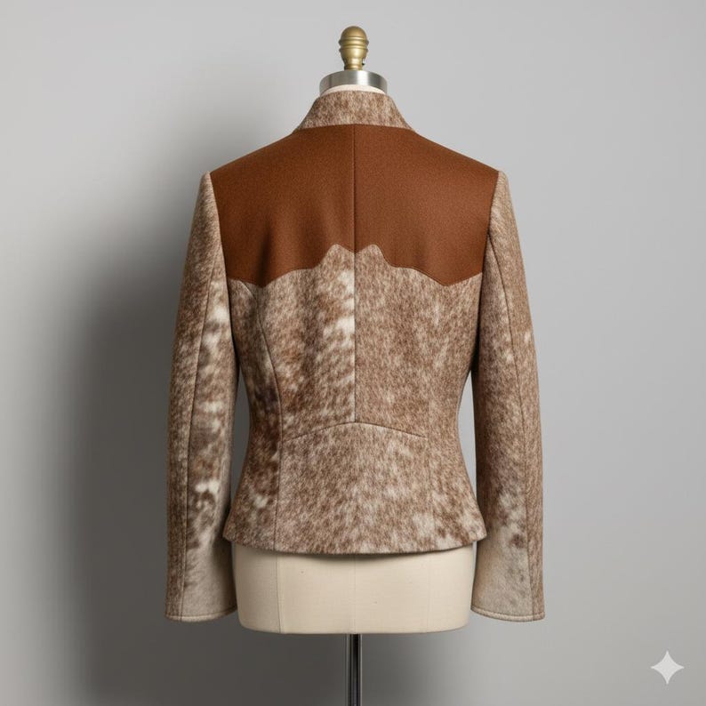 "Unique Cowhide Print Jacket, Brown Suede Western Coat for Women" - Image 3