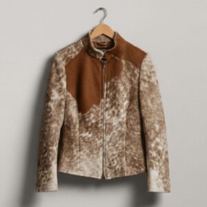 "Unique Cowhide Print Jacket, Brown Suede Western Coat for Women"