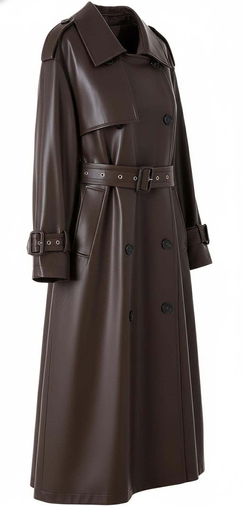 Brown Faux Leather Trench Coat | Belted Double Breasted Overcoat - Image 2