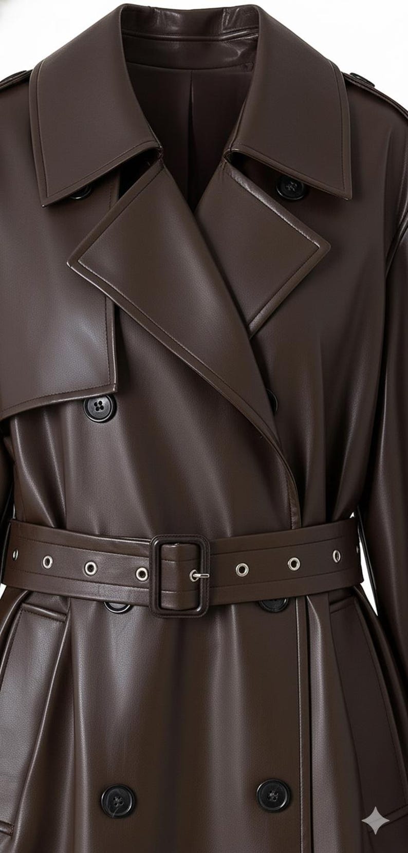 Brown Faux Leather Trench Coat | Belted Double Breasted Overcoat - Image 3