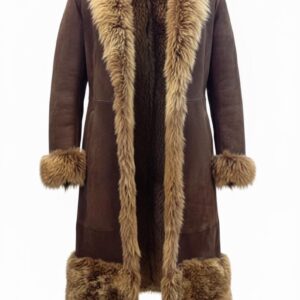 Brown Shearling Fur Coat – Long Sheepskin Winter Coat – Real Lambskin Leather Fur Trim Jacket – Vintage Warm Luxury Overcoat