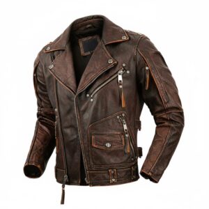 Men’s Slim Fit Retro Biker Genuine Cowhide Stone Milled Motorcycle Leather Jacket