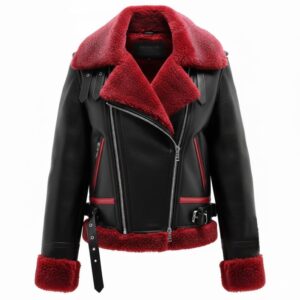 "Maroon & Black Genuine Sheepskin Aviator Jacket, Sherpa Faux Fur Collar"