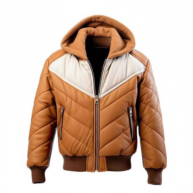 Brown Quilted Hooded Jacket | Men's Winter Leather-Look Puffer Coat