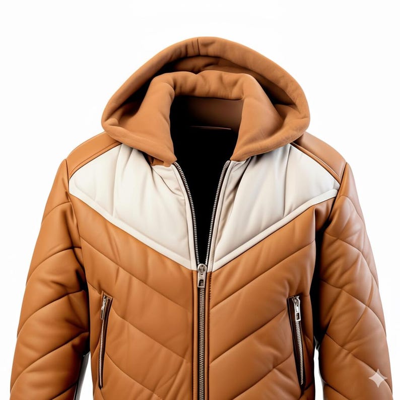 Brown Quilted Hooded Jacket | Men's Winter Leather-Look Puffer Coat - Image 2
