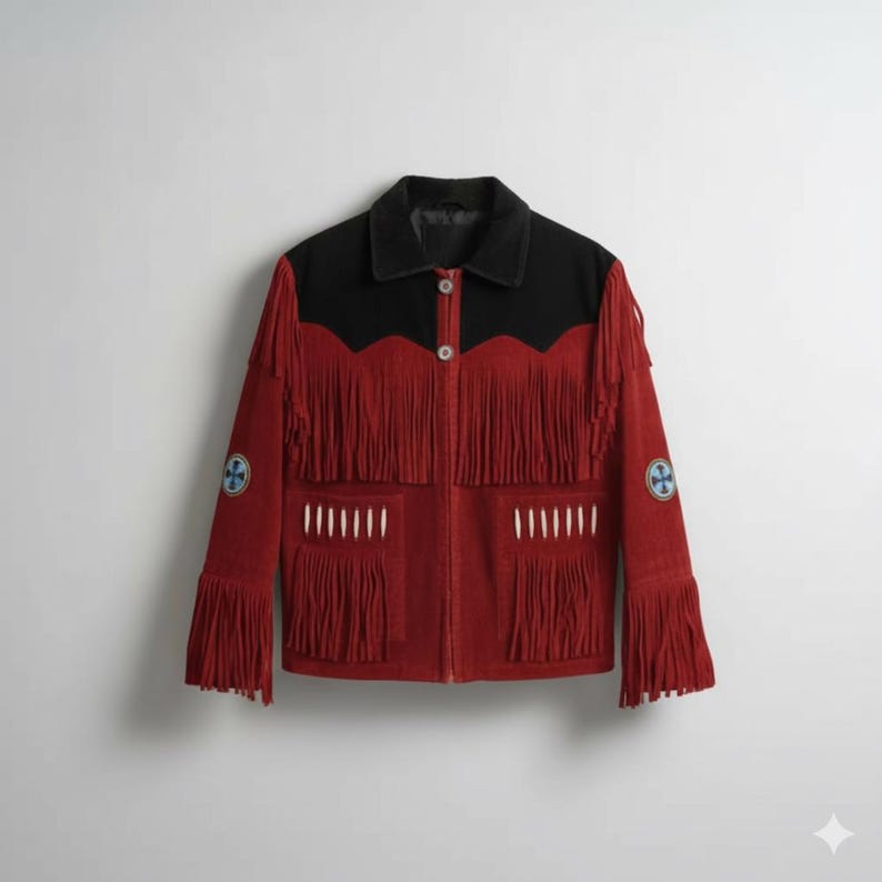 Handcrafted Red Suede Fringe Jacket – Western Cowboy Coat with Native Inspired Beading