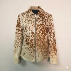 Handmade Cowhide Leather Jacket – Real Hair-On Hide Brown White Spotted Coat for Men & Women