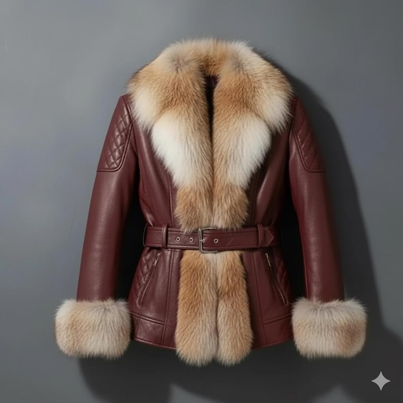 "Handmade Burgundy Leather Faux Fur Jacket – Women's Winter Moto Coat, Real Fur Outerwear"