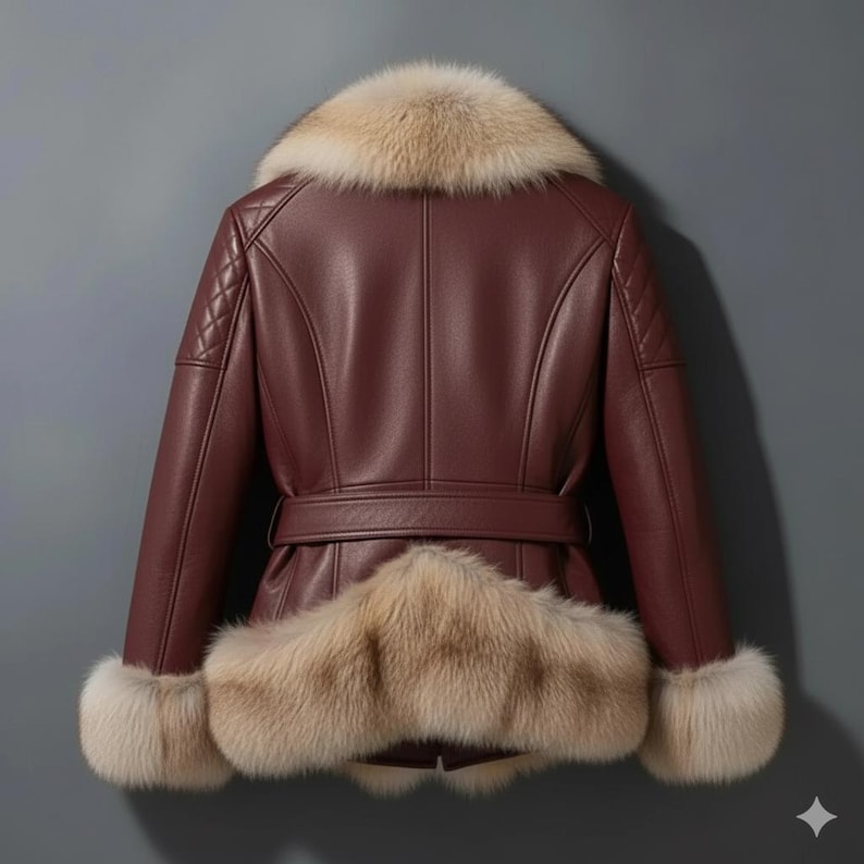 "Handmade Burgundy Leather Faux Fur Jacket – Women's Winter Moto Coat, Real Fur Outerwear" - Image 2