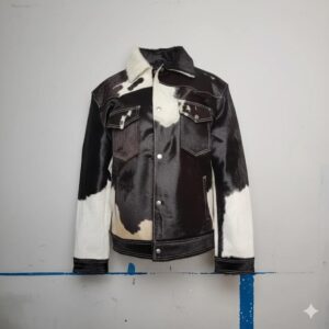 Men's Cowhide Trucker Jacket: Black & White Hair-on-Hide Western Style