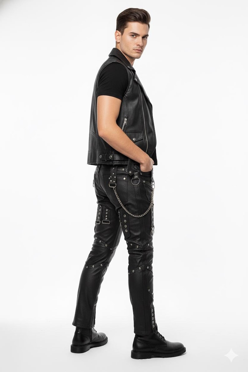 Handcrafted Gothic Leather Pants with Chains - Image 2