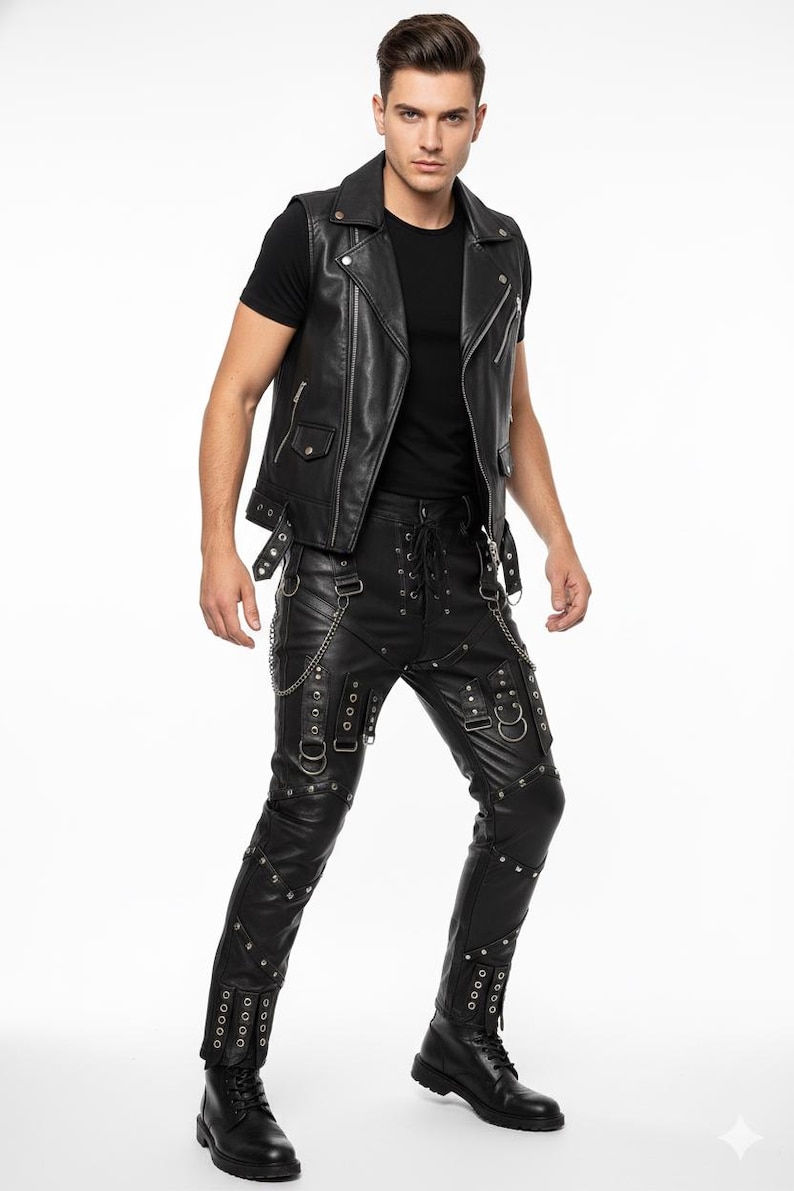 Handcrafted Gothic Leather Pants with Chains - Image 4