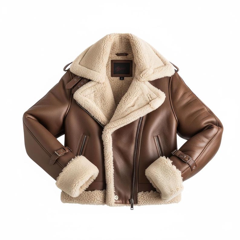 Brown Shearling Aviator Jacket | Faux Fur Lined Leather Biker Coat