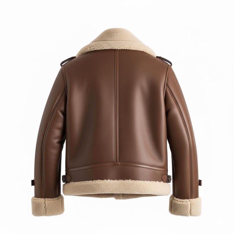 Brown Shearling Aviator Jacket | Faux Fur Lined Leather Biker Coat - Image 2