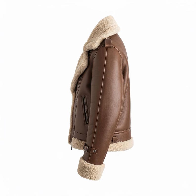 Brown Shearling Aviator Jacket | Faux Fur Lined Leather Biker Coat - Image 3