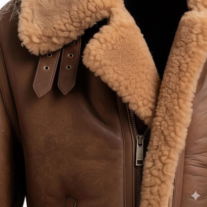 Brown Shearling Aviator Jacket | Vintage Pilot Leather Coat | Winter Warm Fur Lined Biker Jacket - Image 2