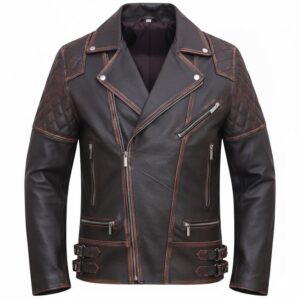 "Men's Brown Leather Biker Jacket, Quilted Shoulder, Distressed Moto"