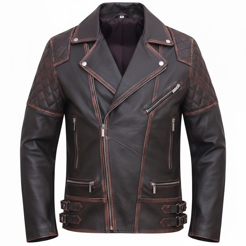 "Men's Brown Leather Biker Jacket, Quilted Shoulder, Distressed Moto"