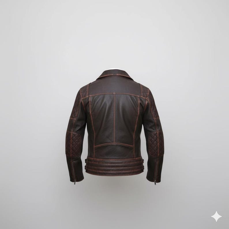 "Men's Brown Leather Biker Jacket, Quilted Shoulder, Distressed Moto" - Image 2