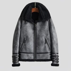 Men’s Faux Shearling Aviator Jacket – Hooded Winter Coat with Buckle Details